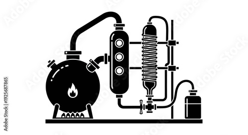 A black and white illustration of a laboratory distillation apparatus setup