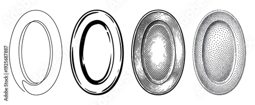 Set of four black oval illustrations demonstrating different artistic styles including line art, graphic brush strokes, vintage engraving, and modern stippling techniques
