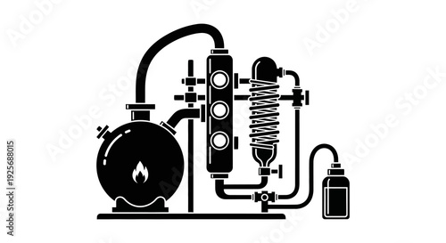 Black and white illustration of a classic alembic still for distillation