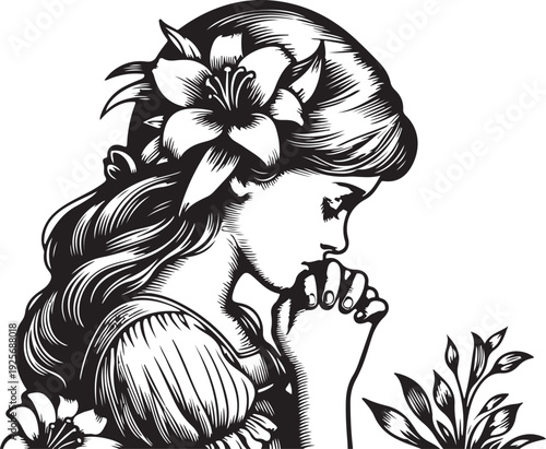 serene praying girl woman with closed eyes and hands clasped in prayer, symbolizing devotion and tranquility in vintage style sketch engraving generative ai raster illustration
