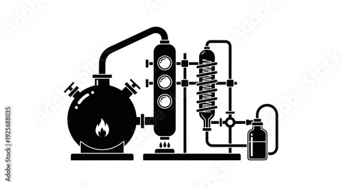 Detailed illustration of a black distillation apparatus with coiled condenser