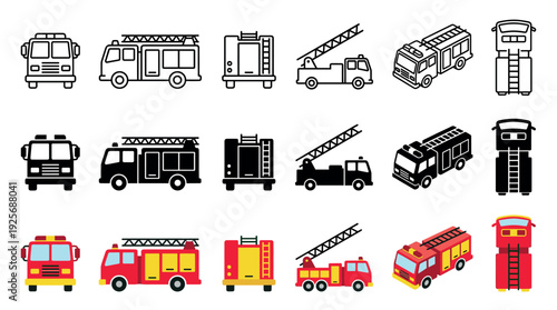 Collection of fire truck vector icons in various styles including line, glyph, and flat color, showing different perspectives like front, side, top, and isometric views