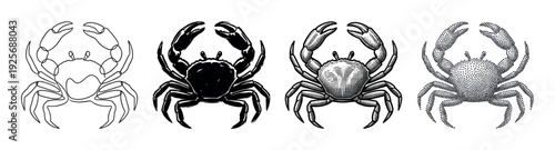 Collection of four black crab illustrations in different graphic styles, from simple continuous line and solid silhouette to detailed vintage engraving and modern dotwork