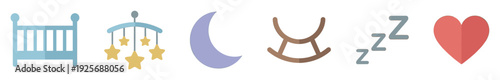Set of colorful baby sleep icons featuring a crib, star mobile, moon, rocker, zzz symbol, and heart in a flat design style for newborn nursery and bedtime themes