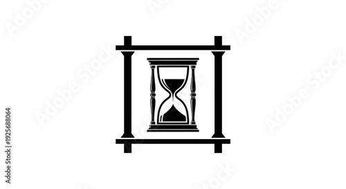 Black hourglass centered within a decorative rectangular frame on a white background