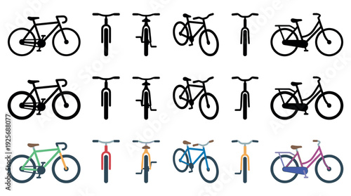 Collection of bicycle vector icons in flat design style shows various models from different angles, including colorful illustrations and simple black silhouettes for transport concepts