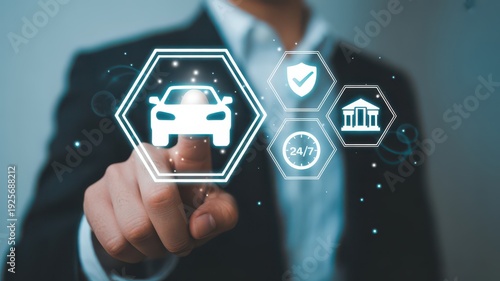 Businessman touching digital car insurance interface with icons