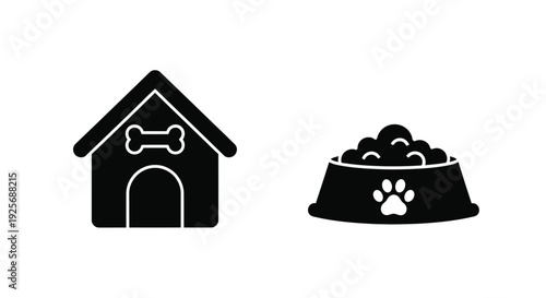 A black silhouette of a dog house and food bowl