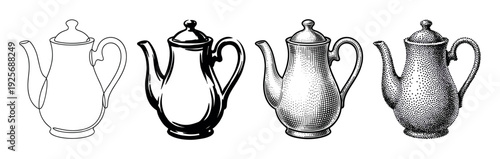 Set of four black teapot illustrations showing a progression of artistic styles from simple line art and ink drawing to detailed engraving and stippling