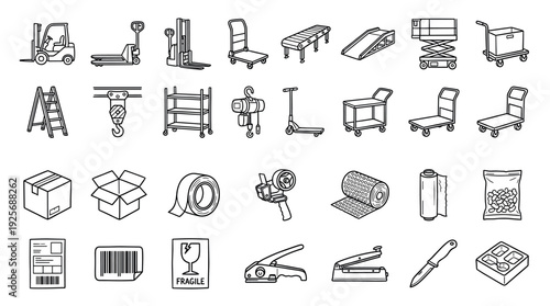 Large set of warehouse and logistics icons showing a forklift, pallet jack, conveyor, boxes, and packaging materials in a simple hand-drawn doodle line art style illustration