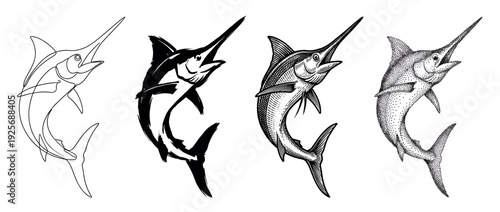 Four marlin fish illustrations in various artistic styles including one line art, silhouette, vintage engraving, and dotwork stippling, creating a versatile graphic design set