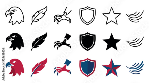 Collection of patriotic eagle symbols shown in three design variations: a simple black outline, a solid silhouette glyph, and a full color flat style with red and blue