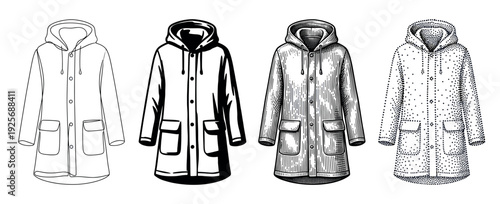 Four black and white hooded raincoats illustrated in a variety of graphic styles, including line art, high contrast, engraving, and stippling for a retro collection