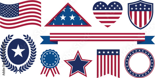 Classic Memorial Day patriotic elements with American flag folded flag heart shield in navy blue crimson red white for honor celebration branding design