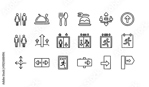 Editable Stroke Public Navigation Icons Set with Toilet Food Court Elevator Exit Door Wayfinding Symbols