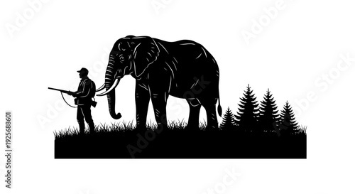 Silhouette of an elephant and hunter in a grassy landscape with trees