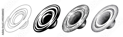 Four abstract chaotic attractor shapes rendered in different graphic styles including clean outline, solid silhouette, vintage engraving, and modern stippling for a scientific concept