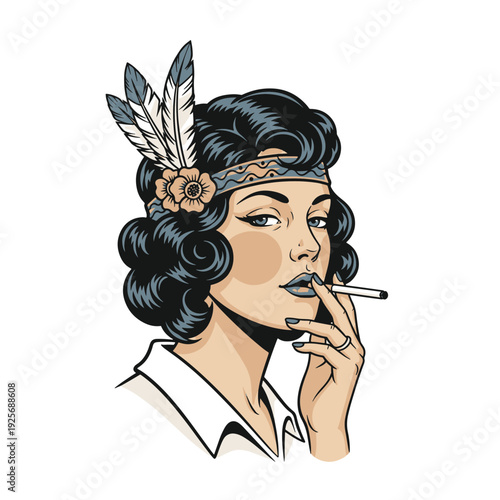 Woman Flapper Portrait in Retro 1920s Style with Headband Feathers Flower and Cigarette