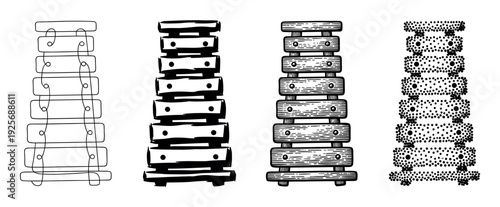 Four xylophone musical instrument illustrations in different artistic styles, including line art, brush stroke, engraving, and stippling, presented as a collection of graphic elements