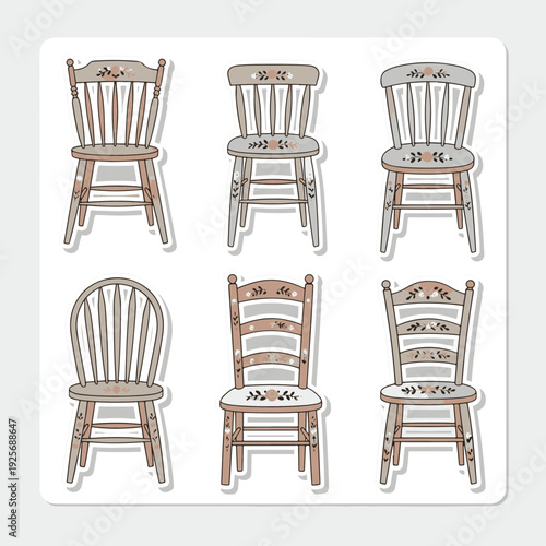 Chair Set of Six Different Vintage Wooden Chairs with Floral Patterns on a Black Background