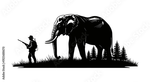 Hunter with rifle observes a large elephant in a grassy landscape