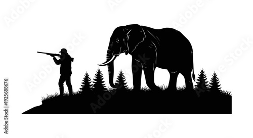 Silhouette of a hunter aiming a rifle at a large african elephant
