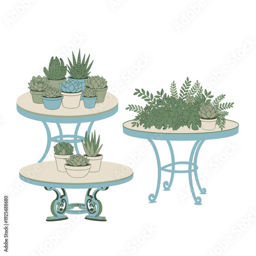 Succulents Potted Plants Displayed on Elegant Tiered and Single Patio Tables with Lush Green Foliage