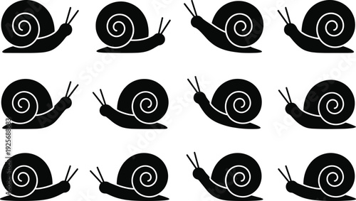 Flying owl sea crab and garden snail silhouette vector collection with wings spread and shells for nature wildlife and marine life design