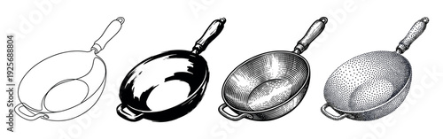Wok pan kitchenware collection illustrated in four distinct black and white artistic styles, from simple line drawing to complex engraving and pointillism for graphic design
