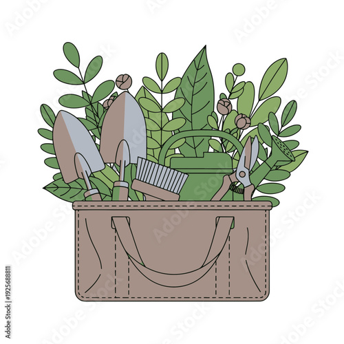 Gardening Tools and Lush Green Plants in a Canvas Tote Bag a Simple Flat Design Illustration