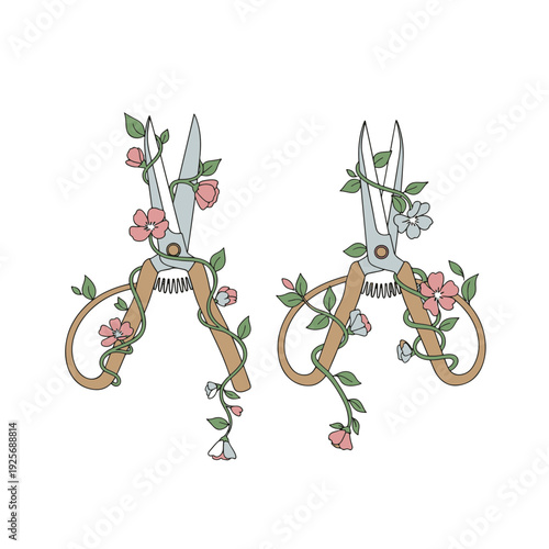 Pruning Shears with Delicate Flowering Vines and Green Leaves
