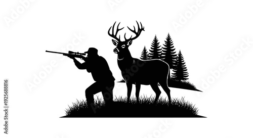 Silhouette of a hunter aiming a rifle at a large buck deer in a forest