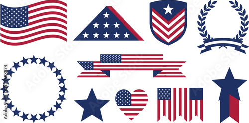 Geometric patriotic symbols with waving flag shield laurel wreath military star in midnight blue ruby red white for Memorial Day branding design