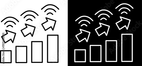 WiFi signal and rising bar chart line icon set in black and white, showing wireless growth analytics with inverted contrast background style.