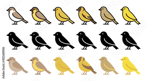Small bird vector icon set showing sparrows and finches in three different graphic styles: outline, silhouette, and flat color design for logos or web elements