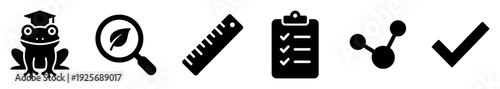 Set of black science and education icons including a frog with a graduation cap, a leaf under a magnifying glass, a ruler, a checklist, a molecule, and a check mark