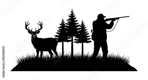Silhouette of a hunter aiming at a deer in a forest landscape
