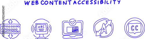 Web content accessibility blue line icons featuring screen reader, captions, contrast, keyboard navigation and inclusive digital design symbols.