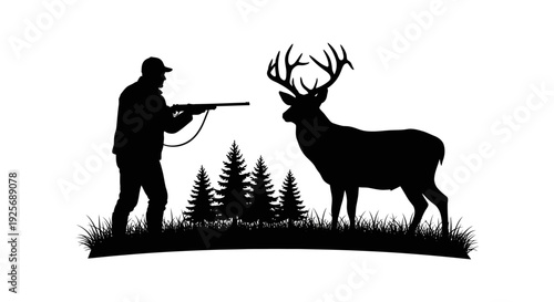 Hunter aiming rifle at a large buck deer in a silhouetted landscape