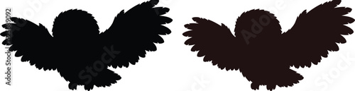 Owl bird flying silhouette vector illustration with wings spread isolated on white background for nature wildlife and nocturnal animal theme graphic design