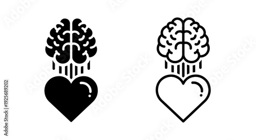 Brain and Heart Connection Icon, Logic and Emotion Balance Symbol