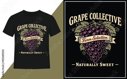Grape Collective Farm Selection Naturally Sweet Vintage T‑Shirt Design Vector Illustration
