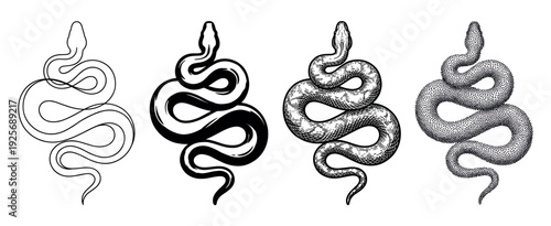 Four black and white snake illustrations showing different graphic styles including line art, silhouette, engraving, and stippling for tattoo or print design concepts