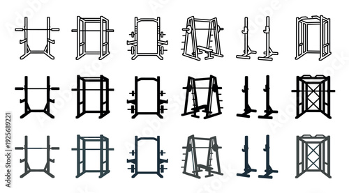 Collection of gym equipment icons showing various squat racks, power cages, and Smith machines in line art, silhouette, and solid color styles for fitness and weightlifting