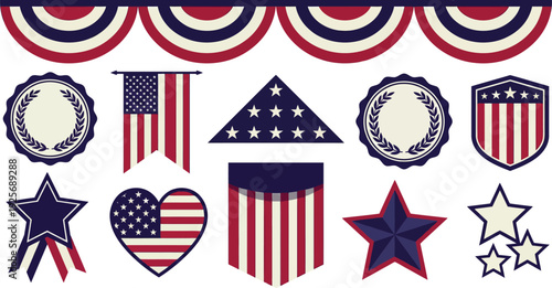 Classic patriotic bunting banner illustrations with wave bunting folded flag laurel wreath in dark indigo crimson off white for Memorial Day branding design