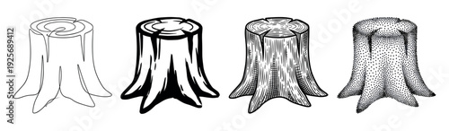 Set of four tree stump illustrations showing different artistic styles including continuous line art, solid ink graphic, detailed engraving, and dotwork stippling