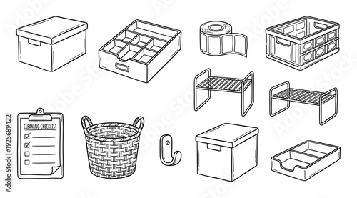 Hand drawn black and white collection of household organization items including boxes, baskets, trays, and a cleaning checklist in a simple doodle illustration style for home decluttering