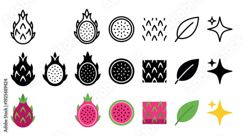 Collection of dragon fruit vector icons presented in three different styles including thin line art, solid black glyph, and full color flat design for graphic elements