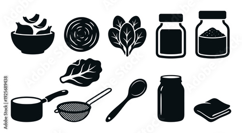 Set of black cooking and food icons featuring various vegetables, kitchenware, utensils, and jars in a simple, minimalist graphic silhouette style for culinary design