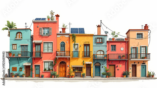 Cartoon Background Row of colorful, narrow houses with balconies and potted plants, featuring solar panels and vibrant Mediterranean-inspired design.